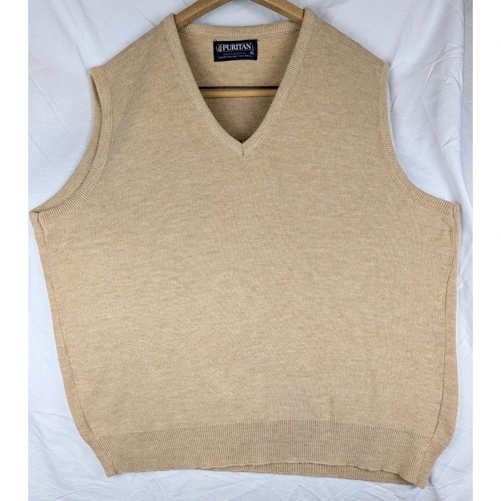 Puritan Vintage Mens XL Tan V-Neck Sweater Vest Orlon Acrylic Made in USA